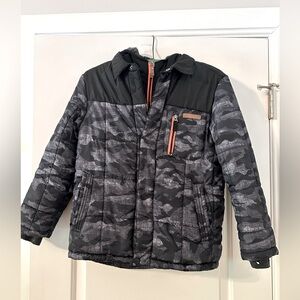 Camouflage Puffer Jacket with Orange Accents